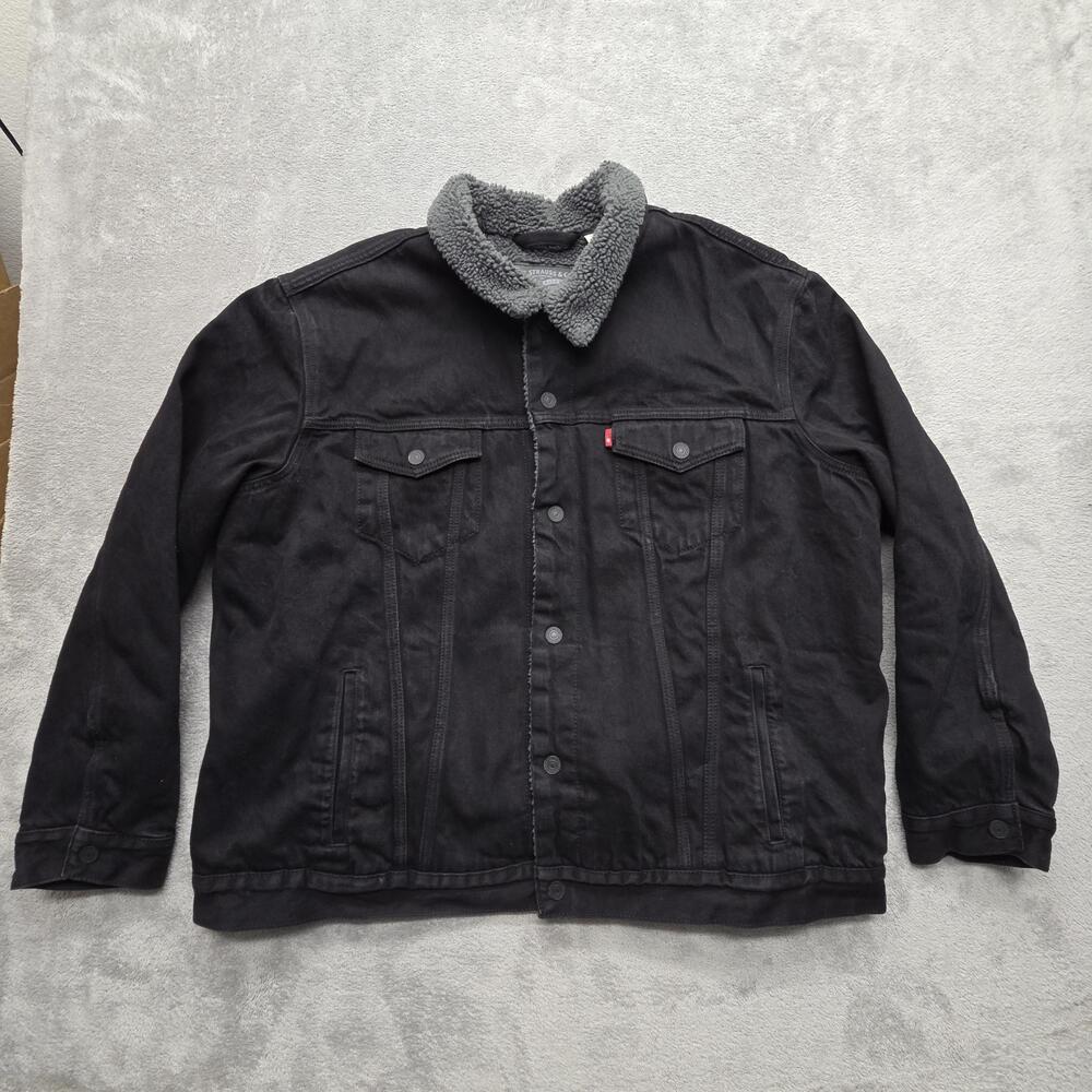 Levi's Trucker Jacket Mens 2XL Black Quilted Lined Faux Fur Collar Denim Winter